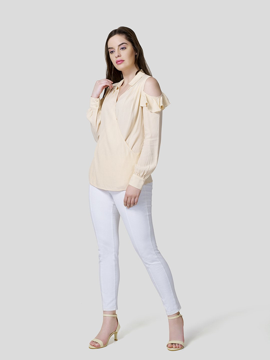 Draped Warp-Around Front Shirt With Cold Shoulder - STOMBIL TRADE 