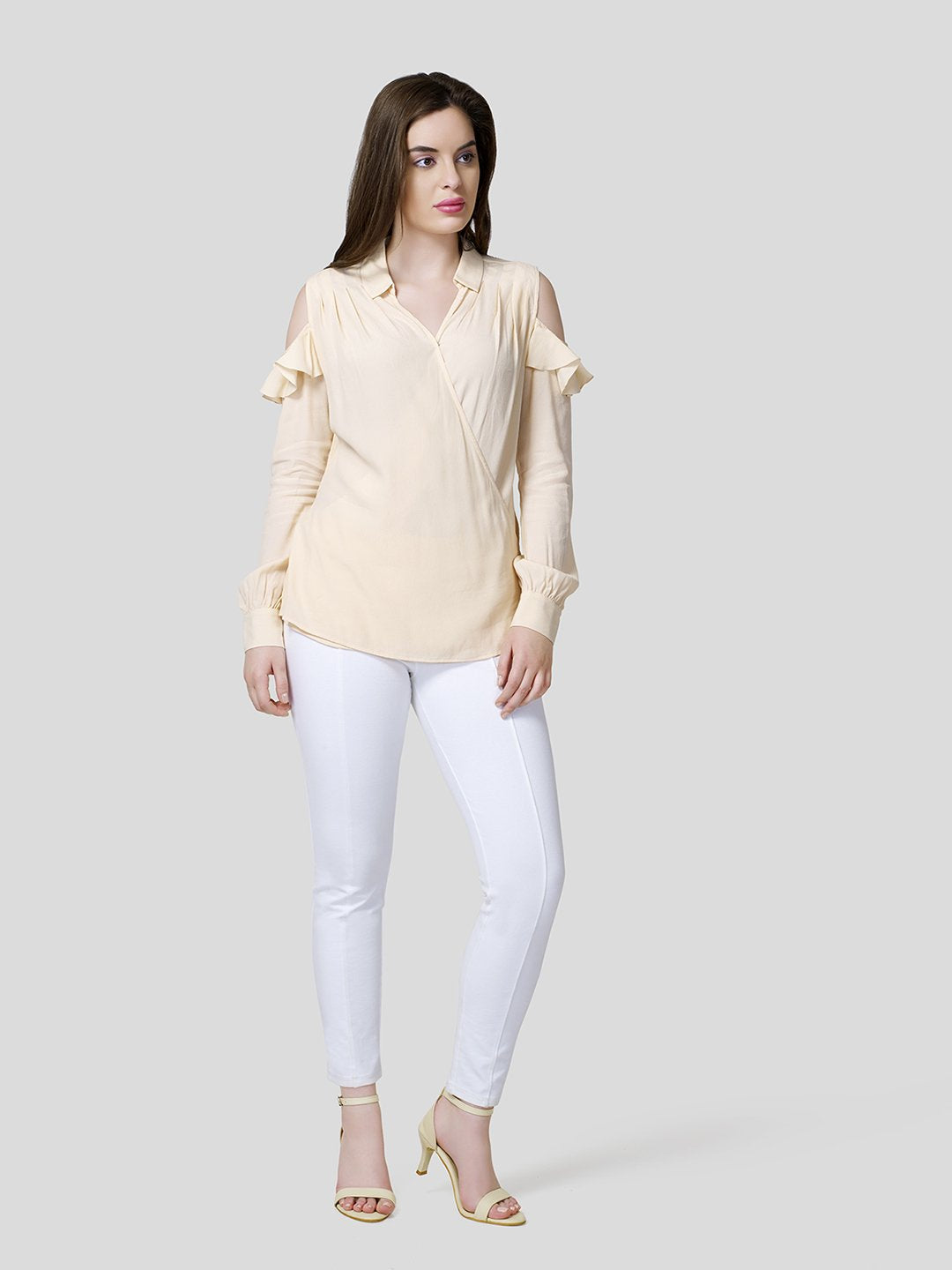 Draped Warp-Around Front Shirt With Cold Shoulder - STOMBIL TRADE 