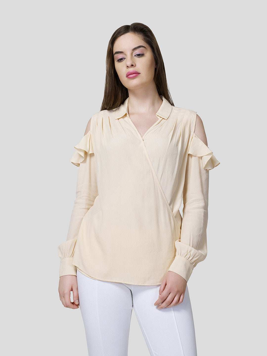 Draped Warp-Around Front Shirt With Cold Shoulder - STOMBIL TRADE 
