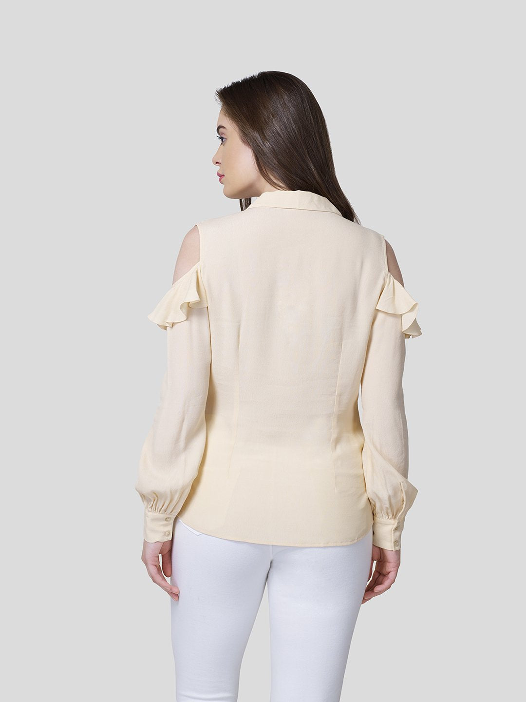 Draped Warp-Around Front Shirt With Cold Shoulder - STOMBIL TRADE 