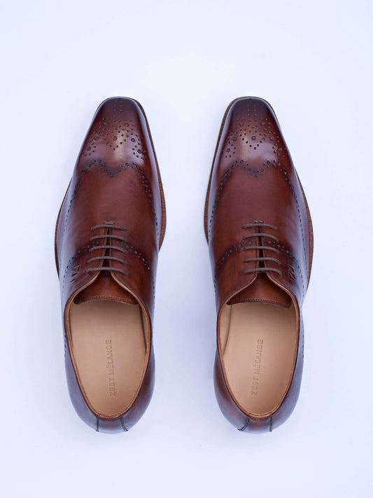 Oxford Lace-Up Shoes With Broguing (Tan) - STOMBIL TRADE INDIA PRIVATE LIMITED 