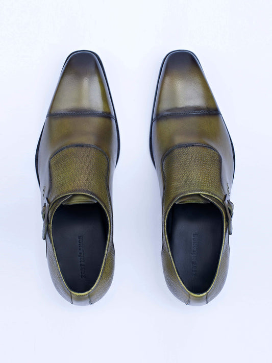 Single Buckle Monk Shoes With Zm Embossed Detail (Olive) - STOMBIL TRADE INDIA PRIVATE LIMITED 