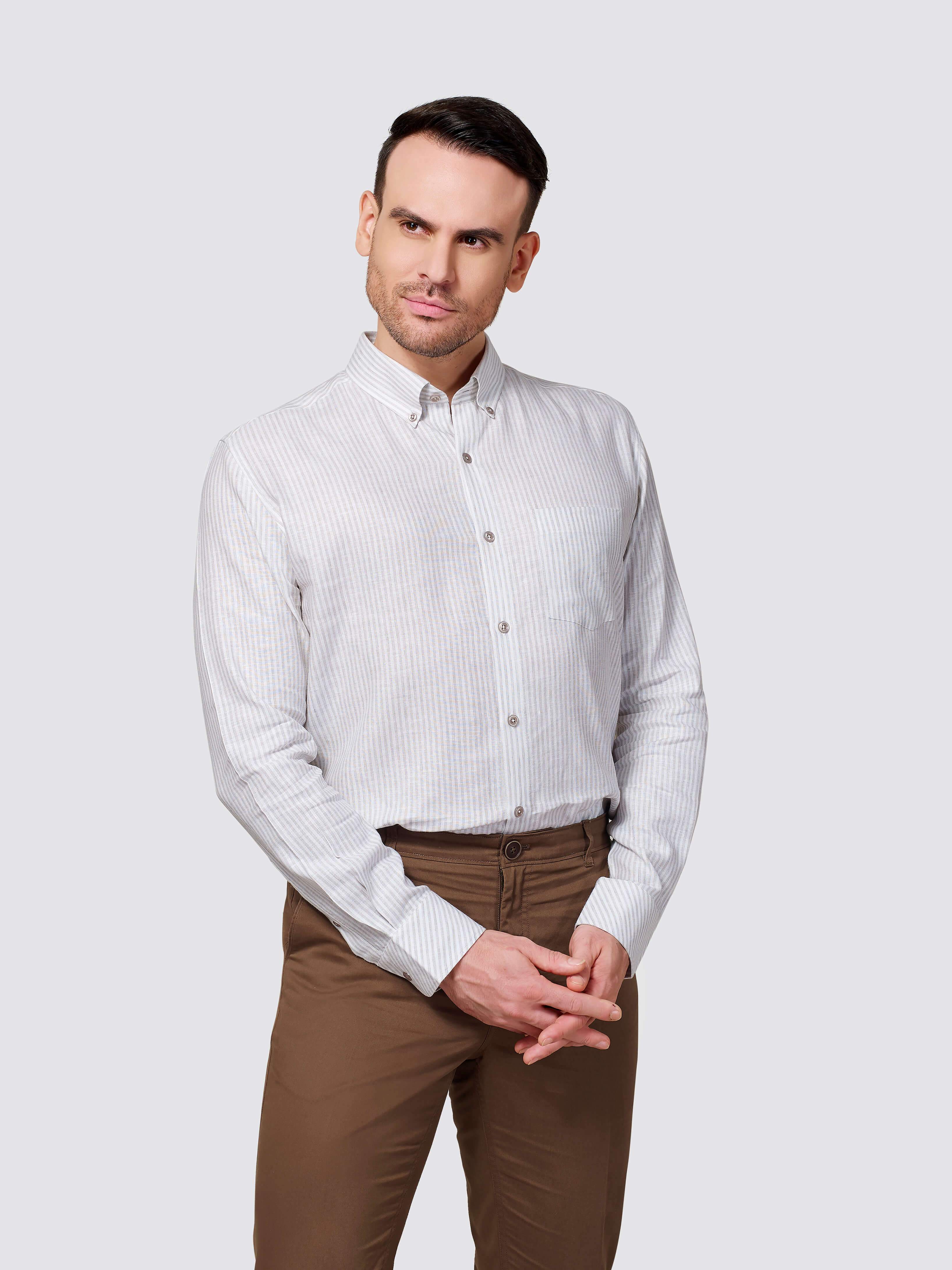 Classic Button-Down Stripe Shirt (Beige) - Zest Mélange