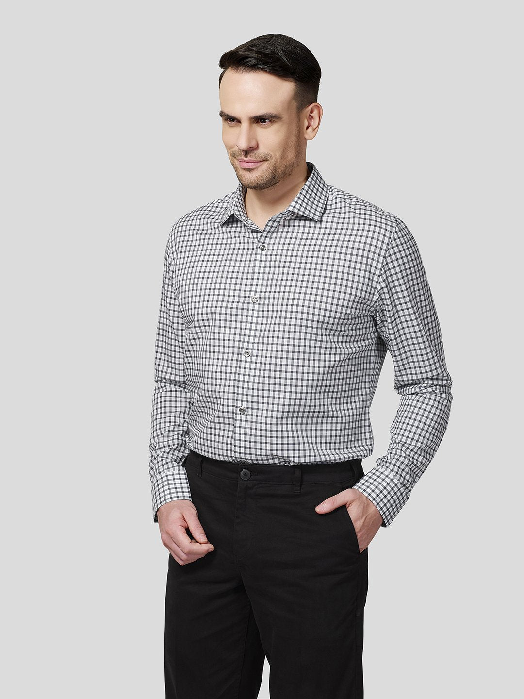 Grey Spread Collar Checks Shirt - STOMBIL TRADE