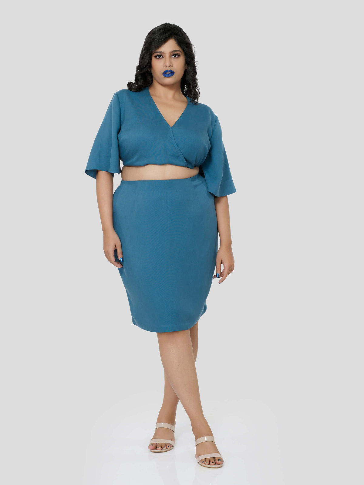 Blue Crop Top With Knee Length Pencil Skirt - STOMBIL TRADE 