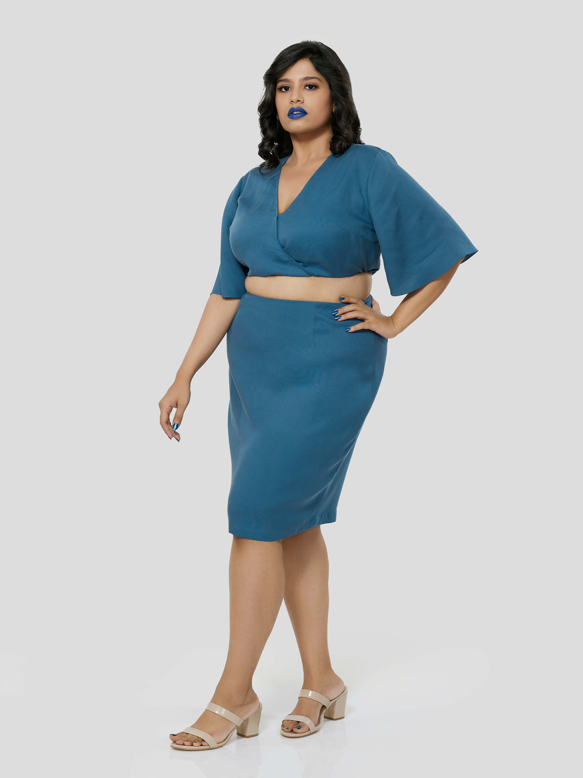 Blue Crop Top With Knee Length Pencil Skirt - STOMBIL TRADE 