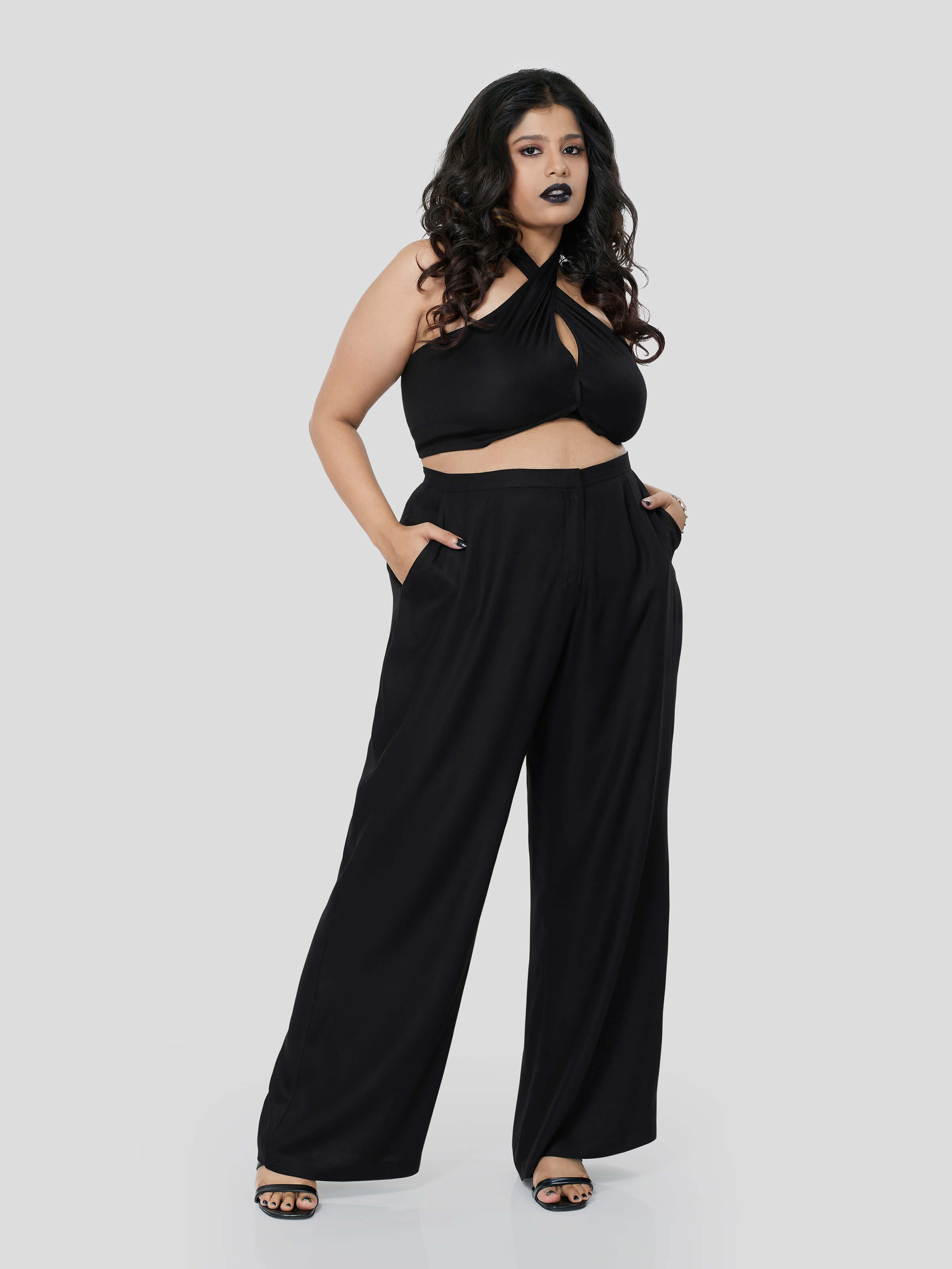 Black Halter Neck Top  with Straight Pants - Zest Mélange 