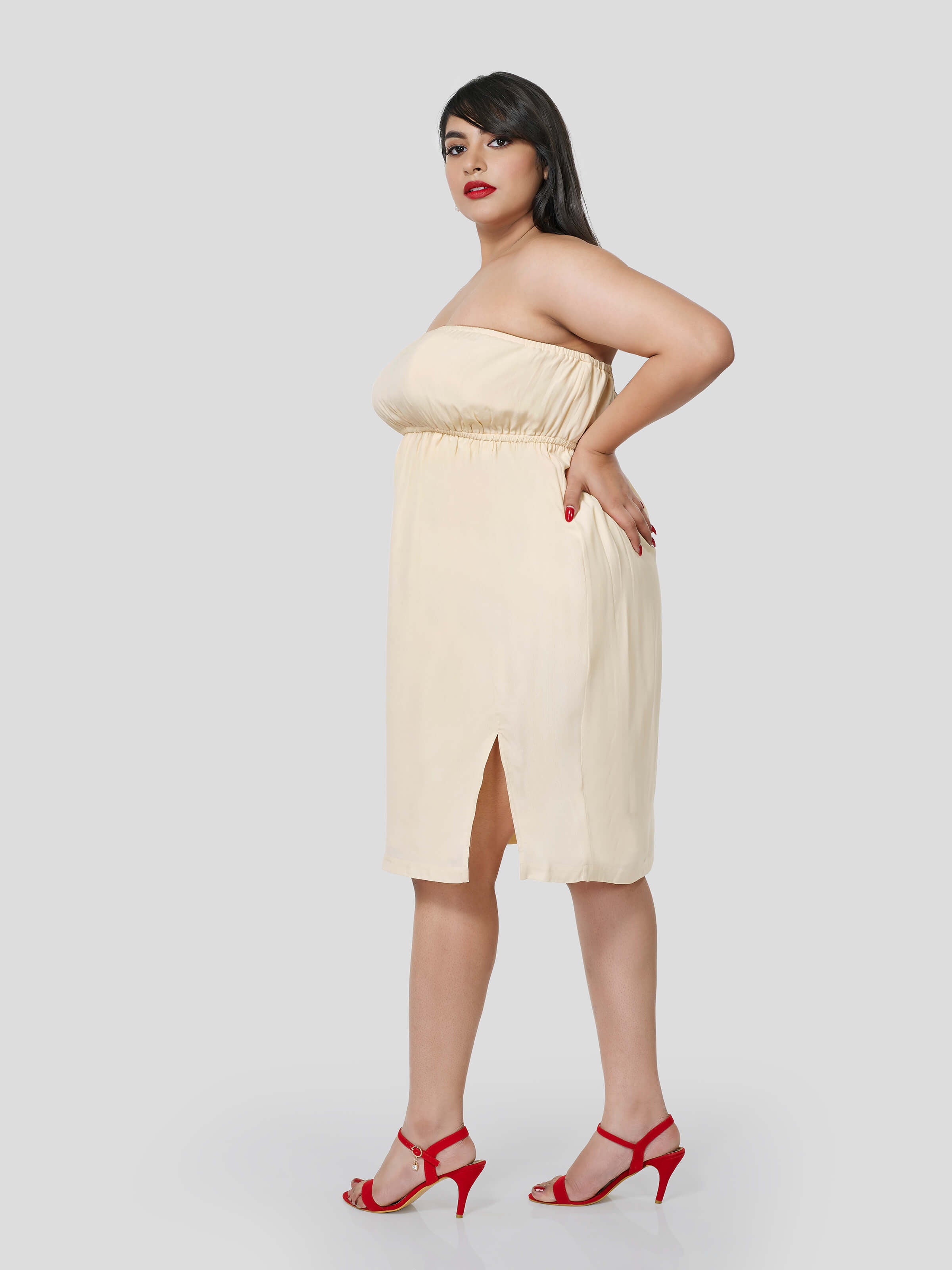 Neutral Essence of Gathered Tube Dress - STOMBIL TRADE 