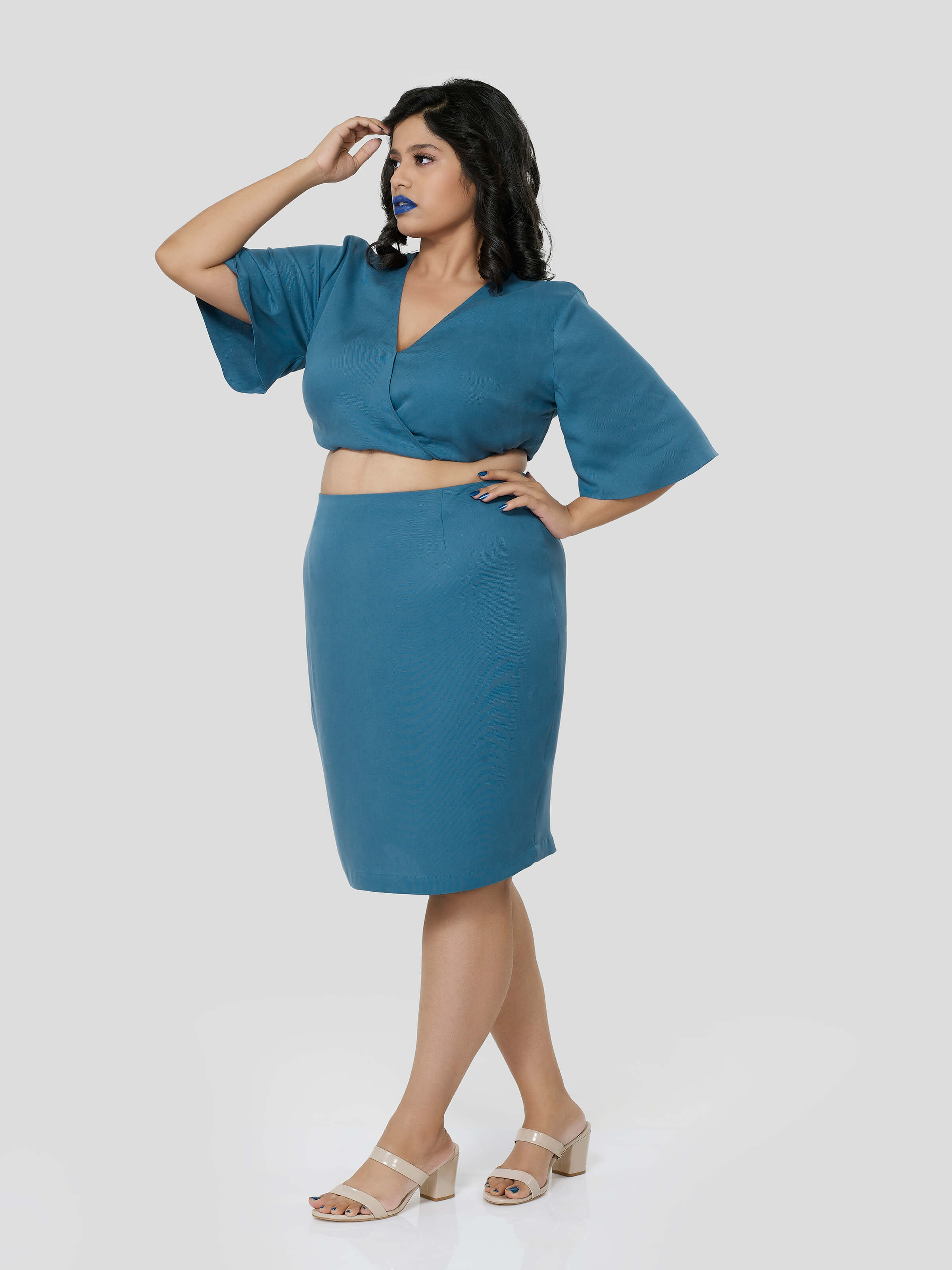 Blue Crop Top With Knee Length Pencil Skirt - STOMBIL TRADE 