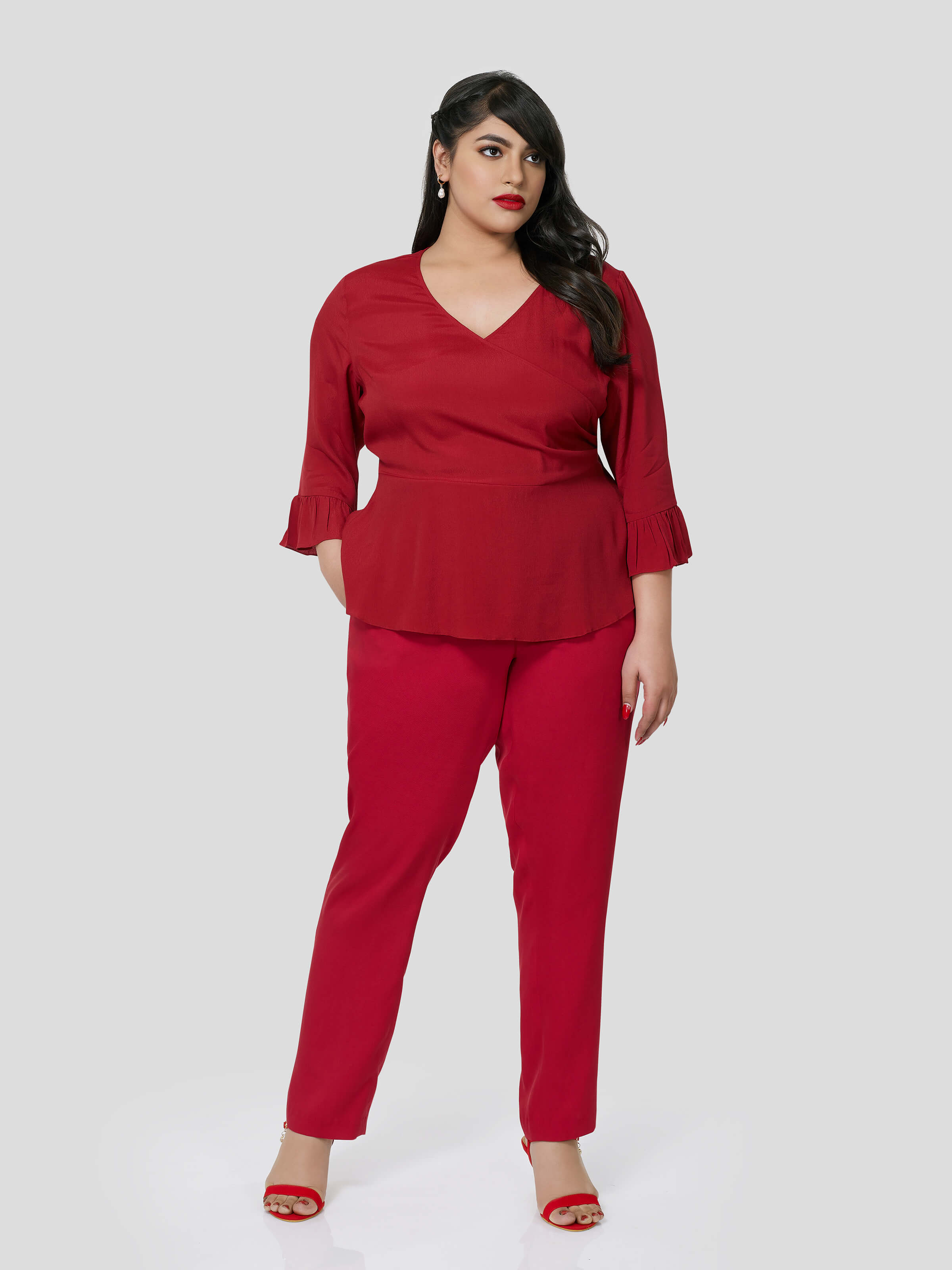 Red Wrap Around Top With Narrow Pants - STOMBIL TRADE 