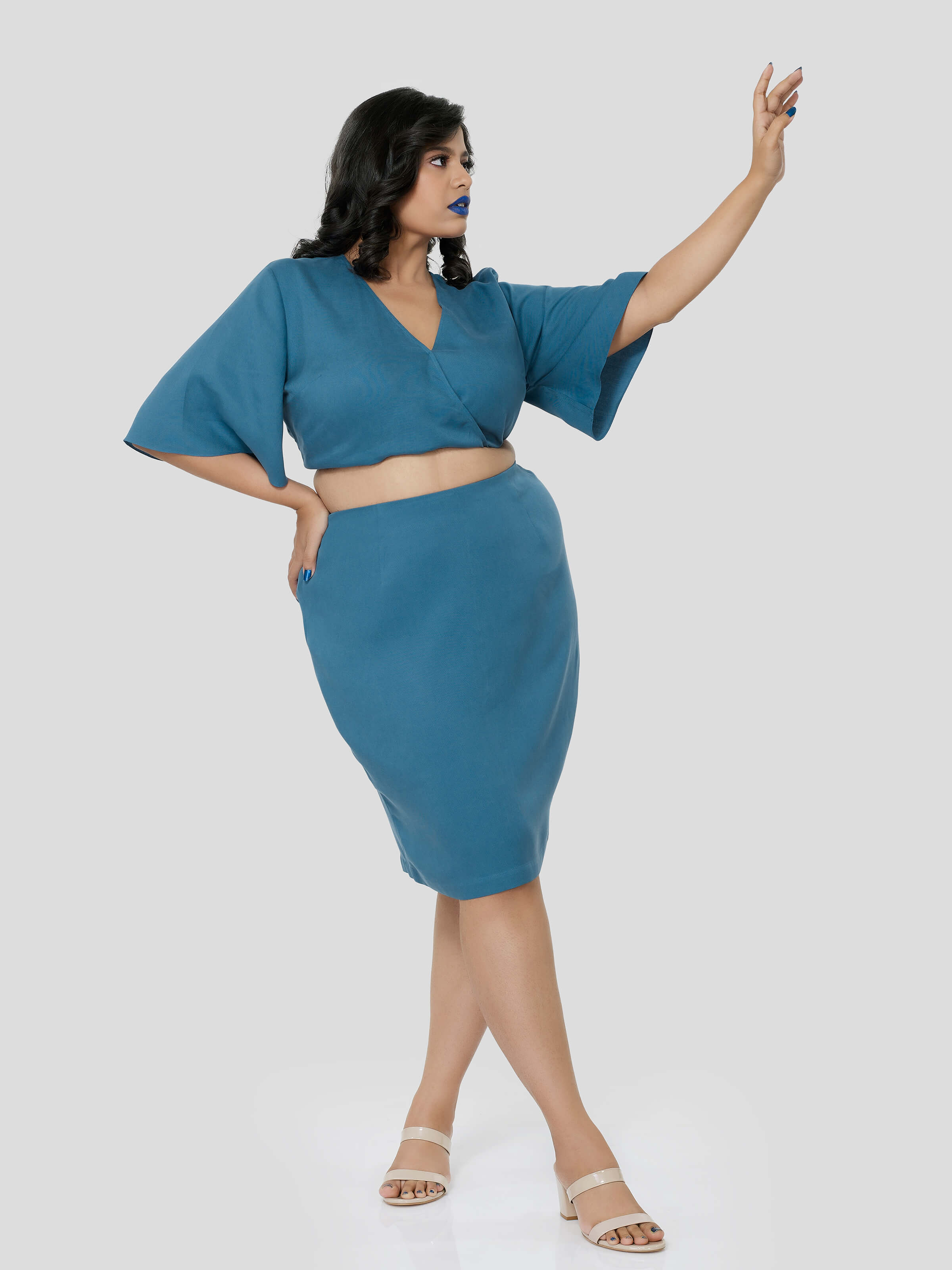 Blue Crop Top With Knee Length Pencil Skirt - STOMBIL TRADE 