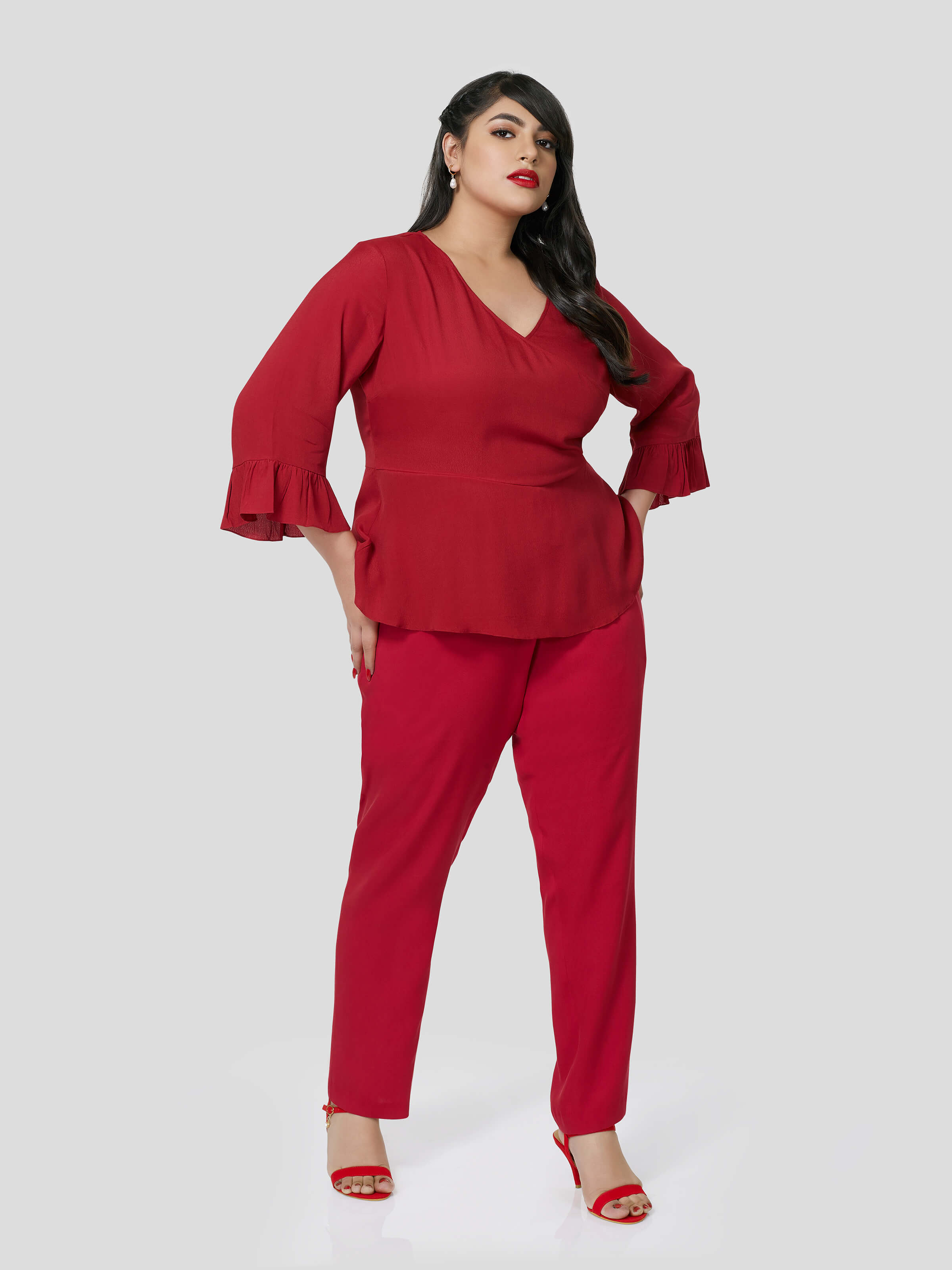 Red Wrap Around Top With Narrow Pants - STOMBIL TRADE 