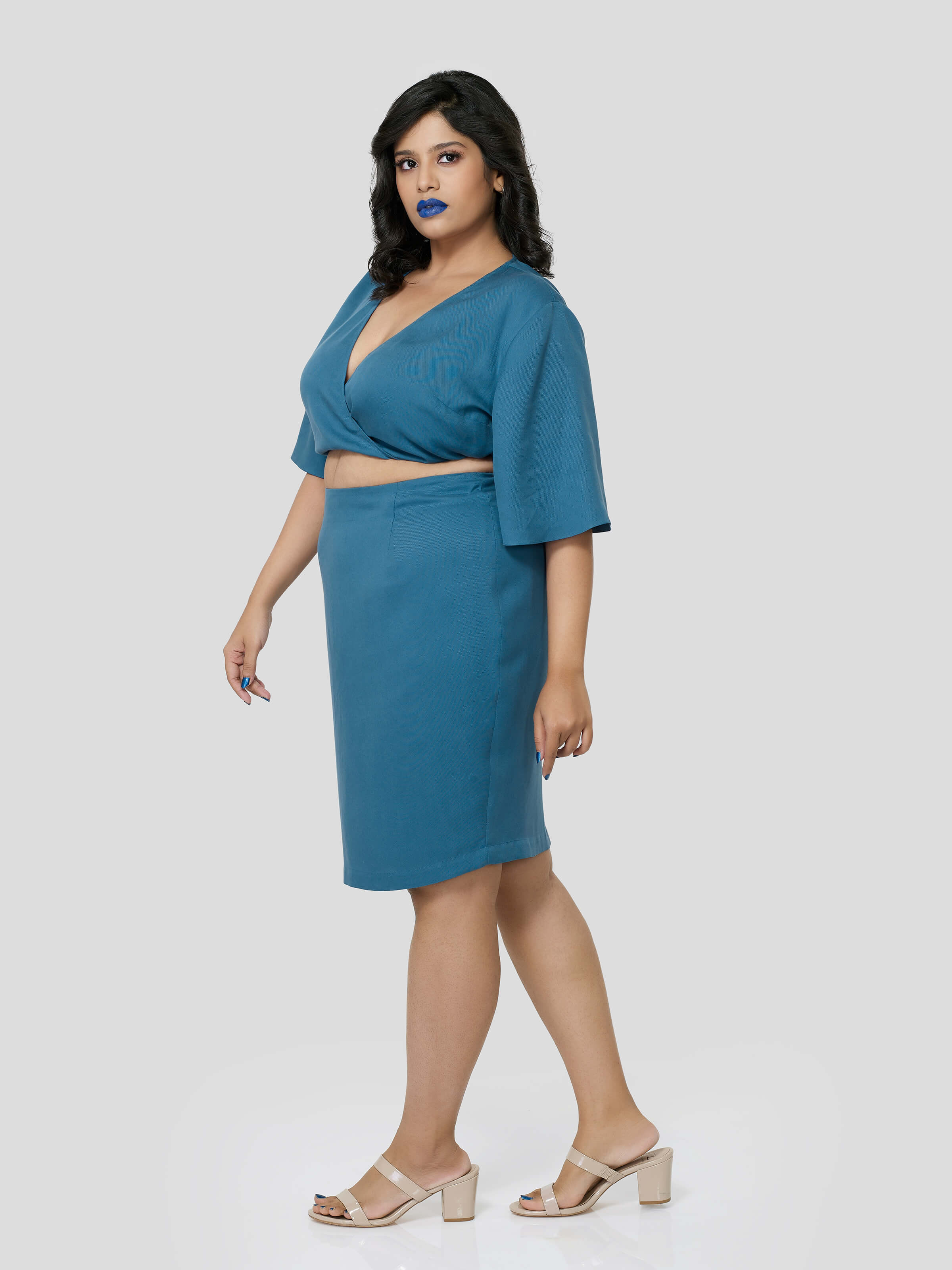 Blue Crop Top With Knee Length Pencil Skirt - STOMBIL TRADE 