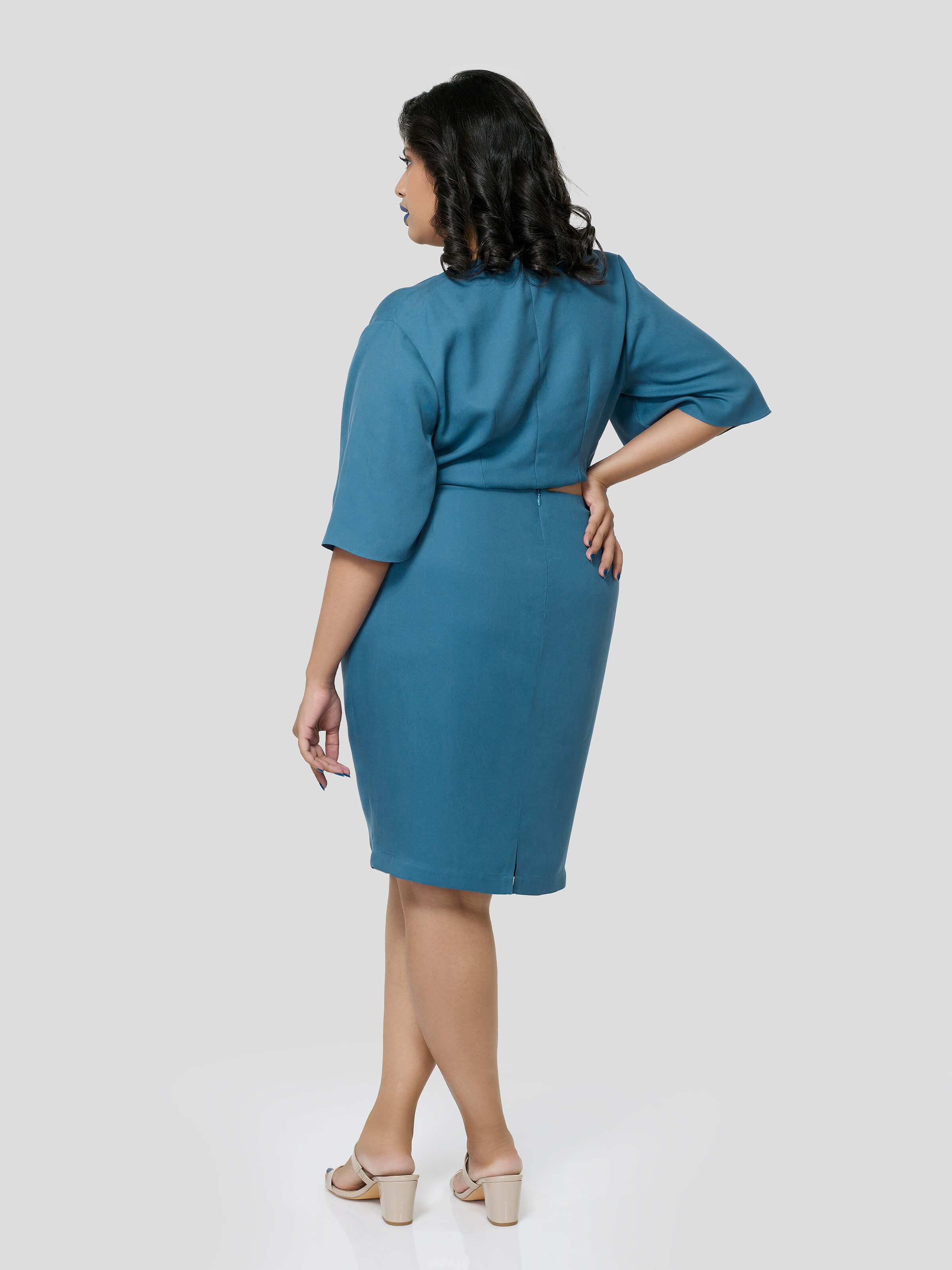 Blue Crop Top With Knee Length Pencil Skirt - STOMBIL TRADE 
